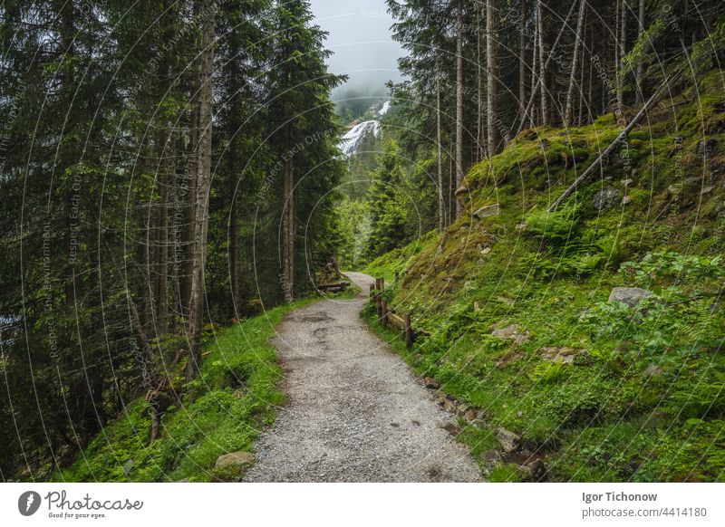 Alpine mountain hiking trail near Grawa waterfall. Sulzenau Alm, Stubai Alps, Austria alpine view summer alps austria winding stubai stream valley