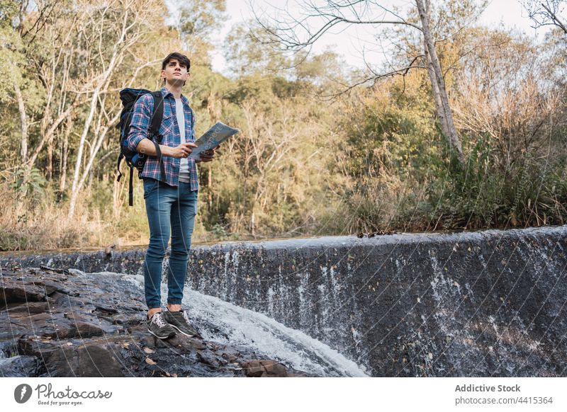 Traveling man orientating on map in forest hiker orientate navigate find trekking travel male traveler explore search route adventure backpack guide location