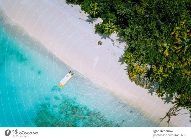 Top down aerial view of exotic tropical sandy beach with blue lagoon, palm trees and linely boat moored sea travel pristine secluded seychelles landscape drone