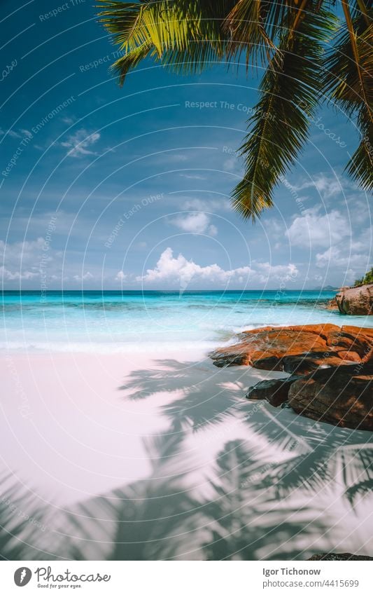 Exotic tropical beach. Pristine crystal clear turquoise ocean water, blue sky and white clouds. Summer recreation vacation lifestyle concept sand seychelles