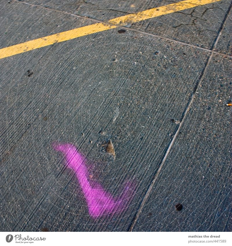 PINk Deserted Sign Characters Ornament Signage Warning sign Gloomy Concrete Furrow Structures and shapes Pink Yellow Patch Stripe Abstract Minimalistic