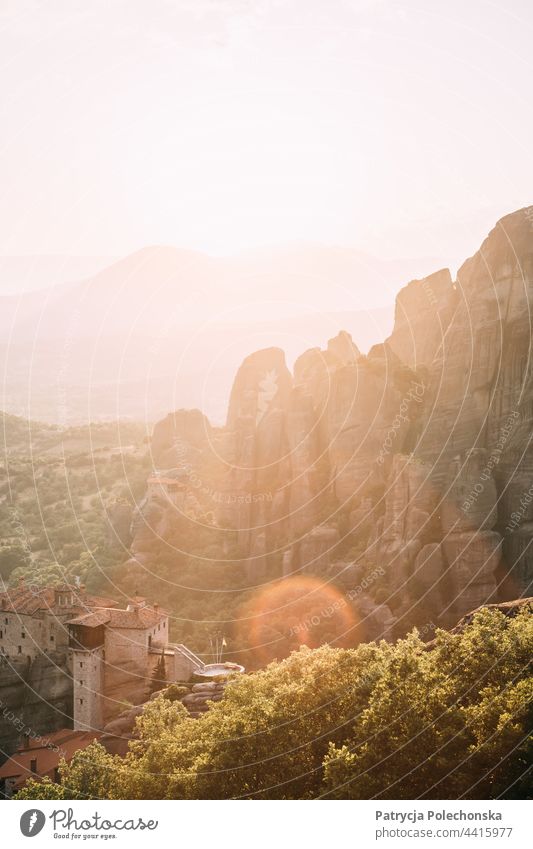 Monastery on a mountain, sunset in Meteora Greece Mountain Landscape Sunset Flare Summer