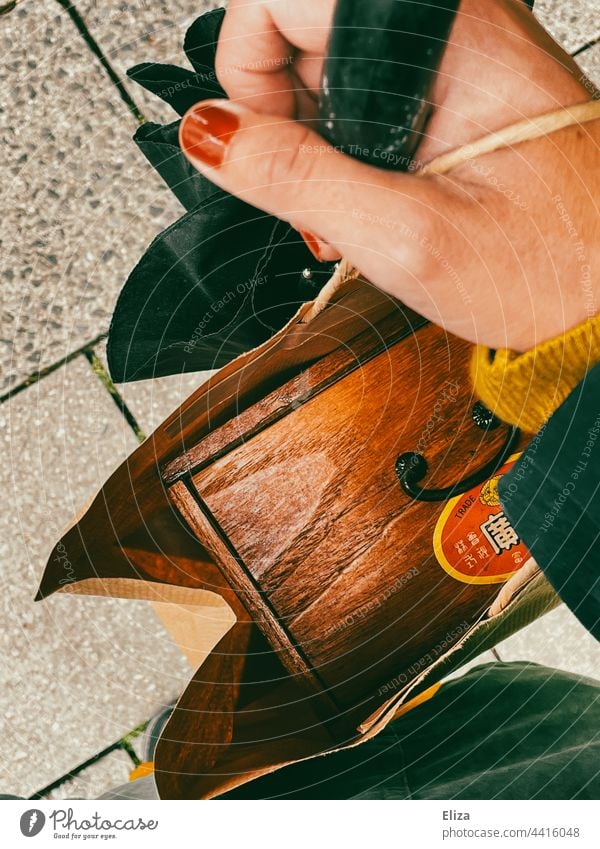 Woman holding a bag with an old wooden drawer - Antiques, Second Hand Shopping second hand SHOPPING piece of furniture Paper bag Drawer Wood Old shopping bag