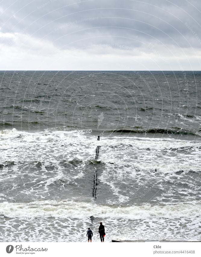 sea view Ocean Sky Clouds Horizon White crest Break water Waves observer sandpiper Water coast Beach Baltic Sea Surf Landscape Swell Vacation & Travel Elements