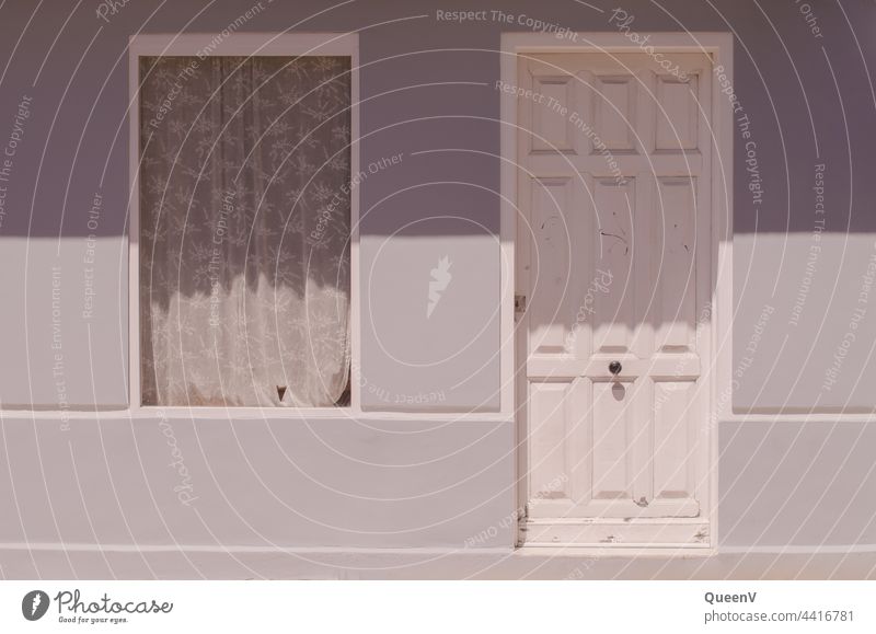 Door and window with old curtain Old House (Residential Structure) Flat (apartment) Curtain White Gray dwell Gentrification Sunlight sunshine Summer Spain