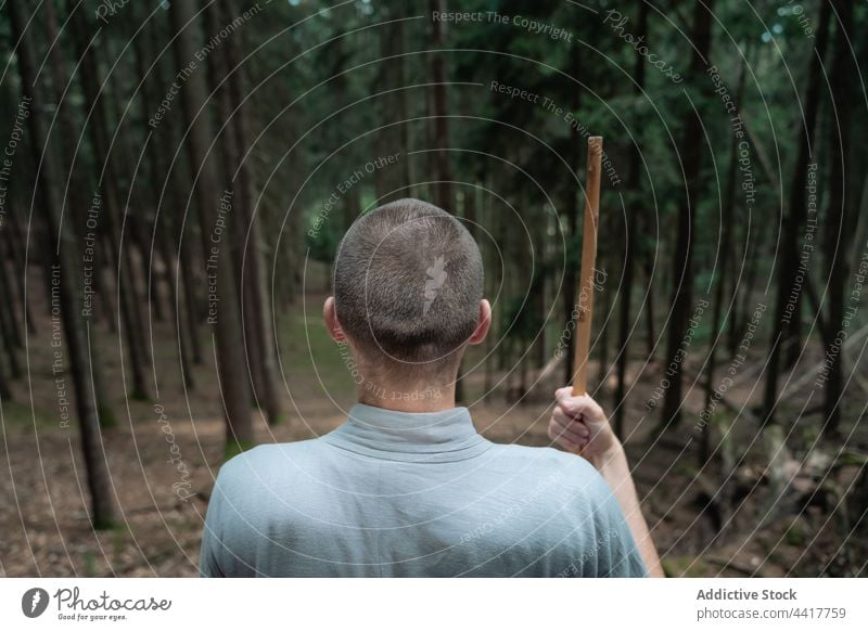 Anonymous kung fu warrior standing on stone man forest practice tree balance stick nature male rock coniferous woods monk fighter strong martial woodland energy