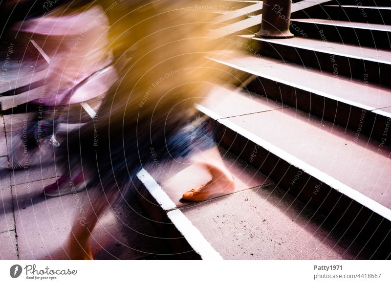 Pedestrians descending a staircase - motion blur close up of legs Colour photo blurriness Walking Going Street Human being Exterior shot Movement Shadow