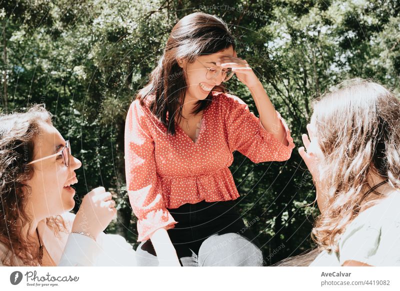 A group of friends laughing at a joke, one girl laughing a lot while the other 2 look and smile, happy joke sunny friendship concept discussion excitement