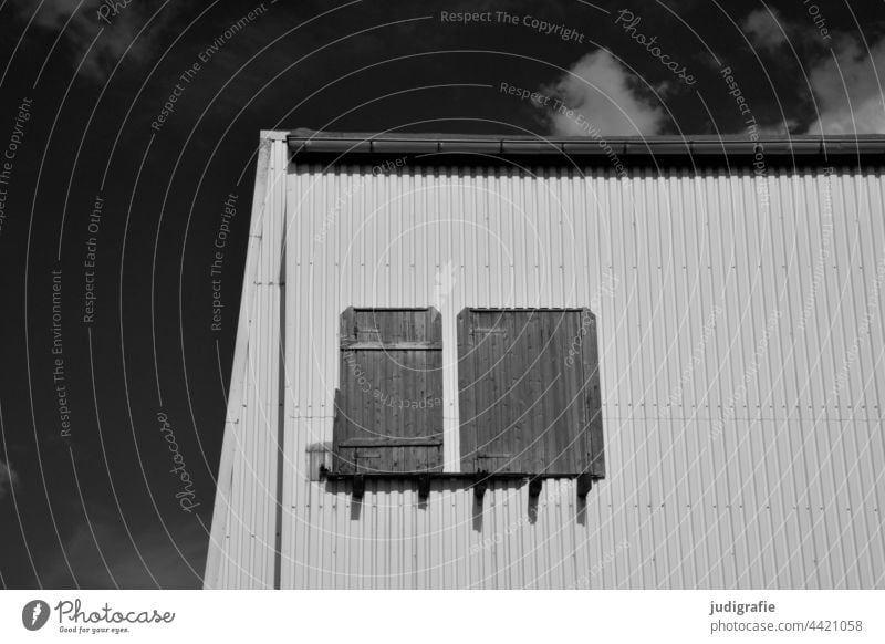 Port building in the sun Harbour Sky Clouds lines Hatch Window door Corrugated sheet iron Facade Light Shadow Building Architecture Wall (building)