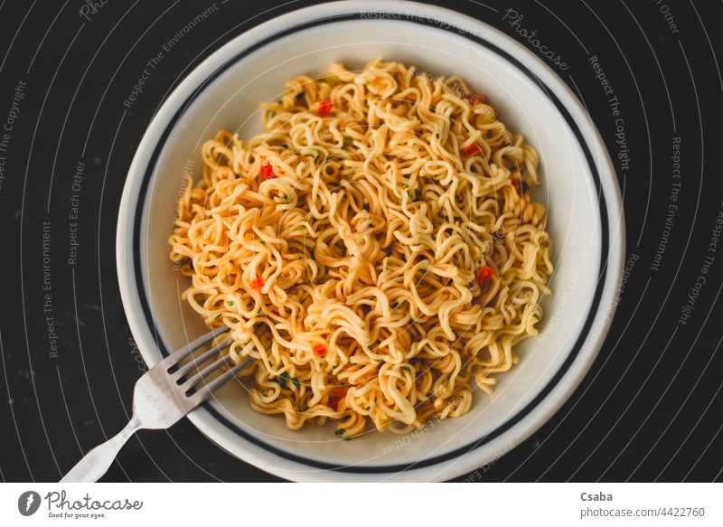 Asian noodles with vegetables on a plate. Horizontal view from above. Food Plate Noodles Dish Meal oriental Japanese Chinese Thai Pasta Dinner Healthy Vegetable