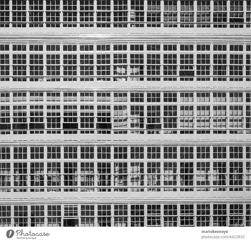 Enclosed balconies of an apartment building with white-painted woodwork and a large glazed area that function as lookouts a coruna abstract architecture