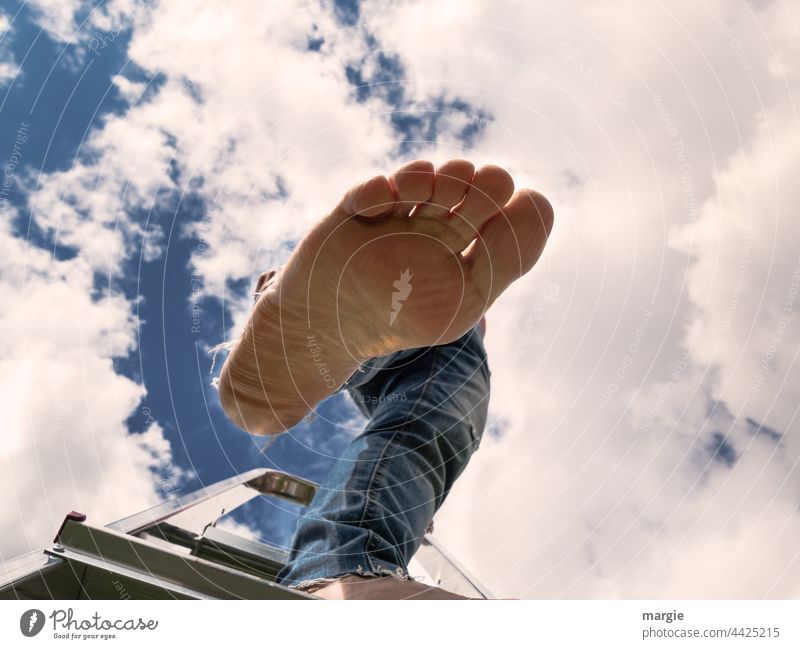 A woman stands on a ladder, her foot steps into the void Feet Ladder Human being Exterior shot Adults Colour photo Sky Clouds cloudy Summer Light Go up descend