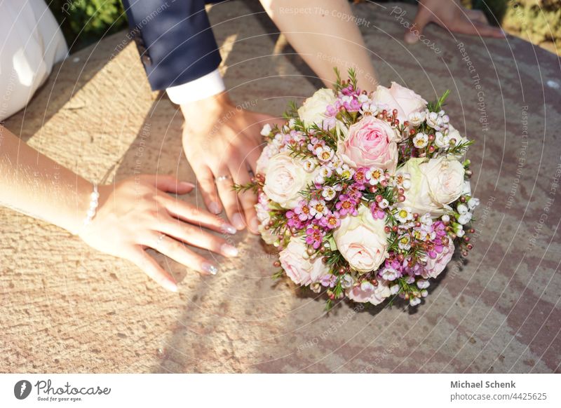 Bridal couple with bridal bouquet bride and groom, bridal bouquet, wedding rings, wedding, bride,groom Wedding Wedding dress Wedding couple Bride Man Love