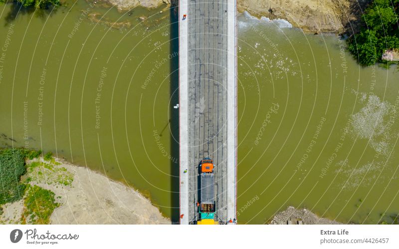 Aerial view on placed hydro insulation of the bridge before laying, spreading asphalt Above Asphalt Asphalting Base Bitumen Bituminous Blacktop Blacktopping