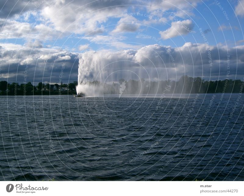 water fountain Water fountain Lake Canda Peterborough Clouds Bad weather Light blue Nature Landscape Blue Sky