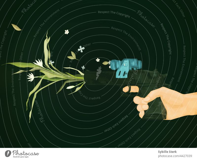 eco warrior ecology climate plants vegan plant life vegetarian militant xtinction rebellion climate crisis flowers leaves hand gun revolver shooting