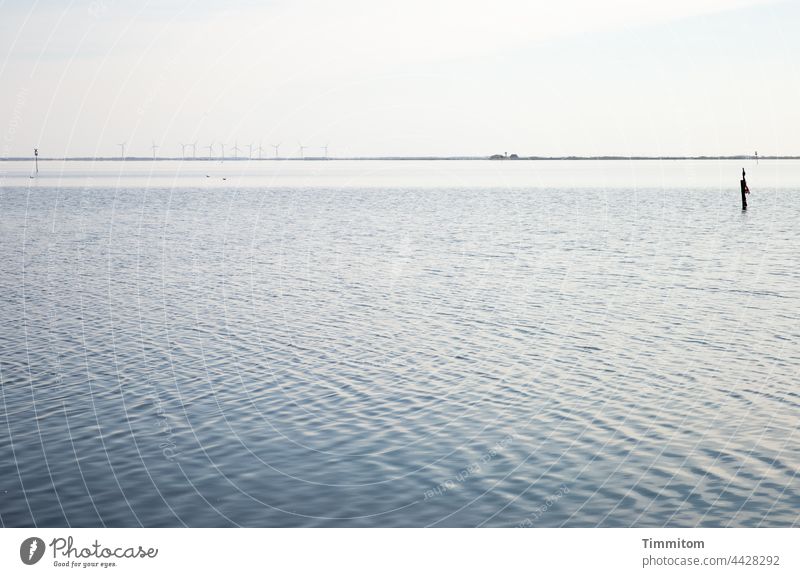 View of the water of a fjord Water Fjord Waves Calm reflection Land in sight windmills Denmark Nature Vacation & Travel Deserted Esthetic coast Horizon Pole