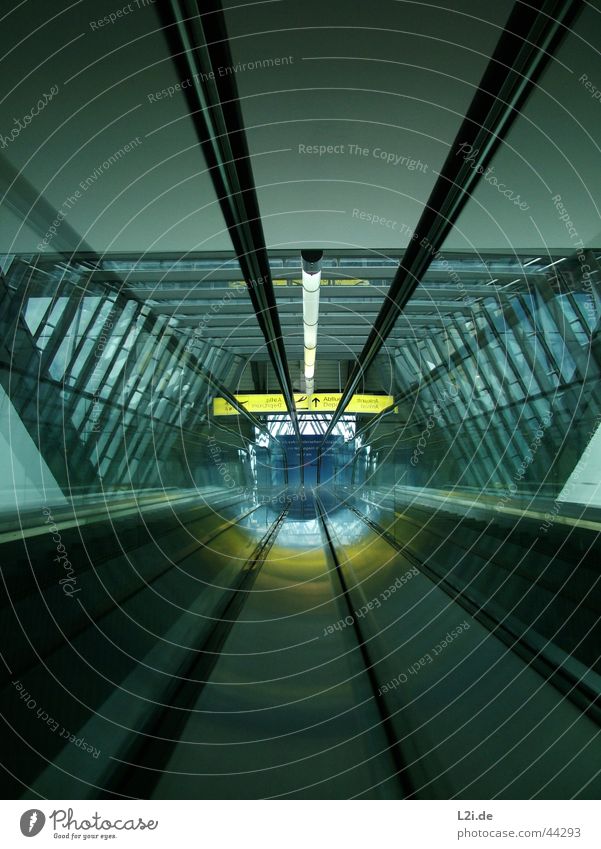 On The Way Up Escalator Hannover Light Yellow Architecture Airport Metal Blue Silver Style Modern Structures and shapes Center point Interior shot