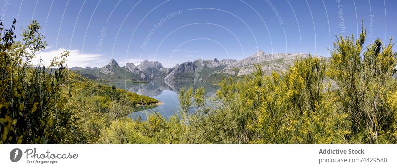 Water reservoir in mountainous valley river landscape summer nature water blue sky green environment spain riano leon picturesque scenery scenic tree travel