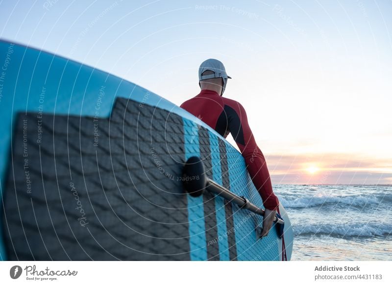 Man with paddle board entering water to surf man sup board surfer seashore wetsuit beach male surfboard sport surfing hat ocean seaside water sports waterfront