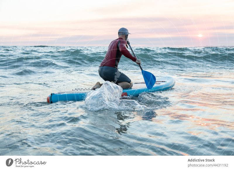 Man with paddle board in water to surfing man sup board surfer seashore wetsuit beach male surfboard sport hat ocean seaside water sports waterfront coastline