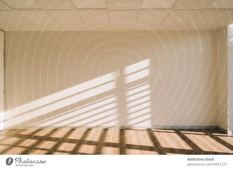 Empty office hall lit by sunlight interior workplace minimal white style design modern contemporary simple architecture geometry workspace indoors empty