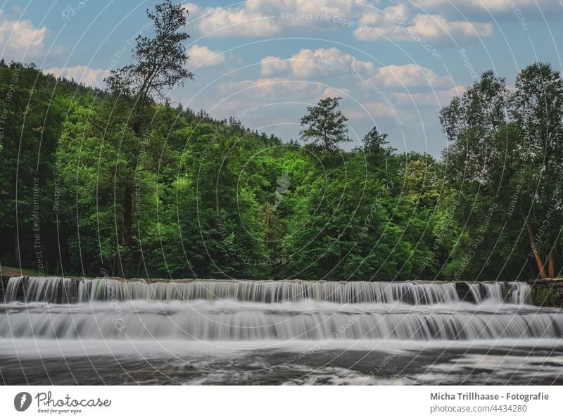 Chrysopras - Weir Bad Blankenburg / Thuringia Chrysopras Weir Schwarza Schwarzatal River Waterfall Nature Landscape trees Forest Sky Clouds Sun Tourism