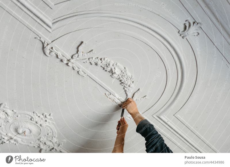 Close up man working with stucco Stucco Stucco ceiling Interior shot Light Deserted Colour photo Lamp Ceiling Architecture Decoration Copy Space top Room