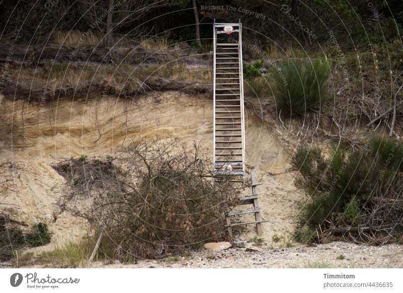 Caution. ADGANG FORBUDT Ladder interdiction Signage Prohibition sign Beach duene break-off edge shrubby Sand stones Denmark No trespassing