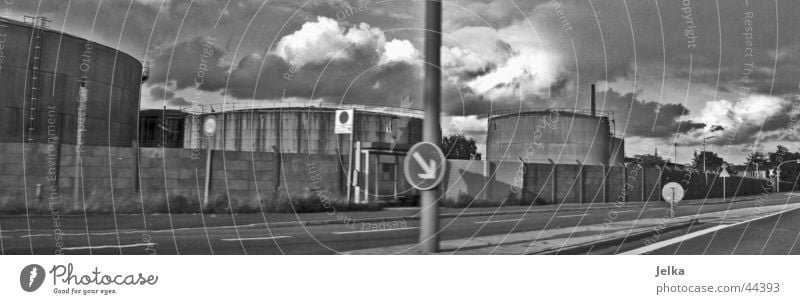 Hamburg industry Industry Street Sign Signs and labeling Road sign Loneliness Silo Warehouse Tank Storage Black & white photo