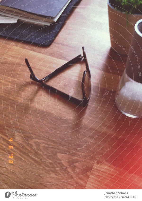 Glasses on table retro Eyeglasses Table Retro vintage Old lightleak Date old camera Salt caster Analog Style Colour photo Deserted Nostalgia Retro Colours