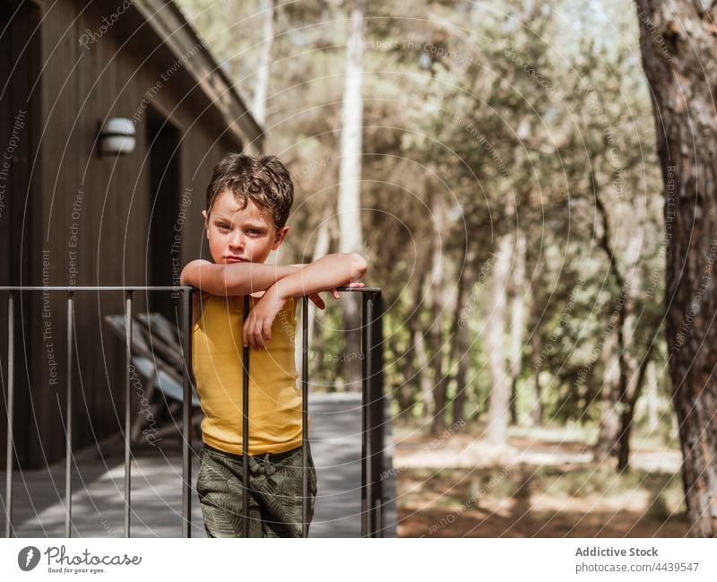 Child standing on terrace of house in forest boy veranda child recreation summer kid peaceful tranquil nature wooden woods woodland summertime sunny sunlight