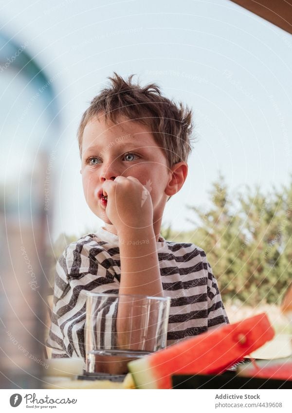 Boy eating watermelon in backyard in summer child boy fresh kid sweet adorable food cute childhood little tasty delicious ripe sit healthy vitamin yummy bite