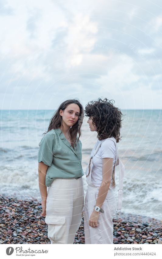 Homosexual couple of women standing on sea shore lesbian relationship love soulmate romantic seashore cloudy portrait sky girlfriend ocean together homosexual