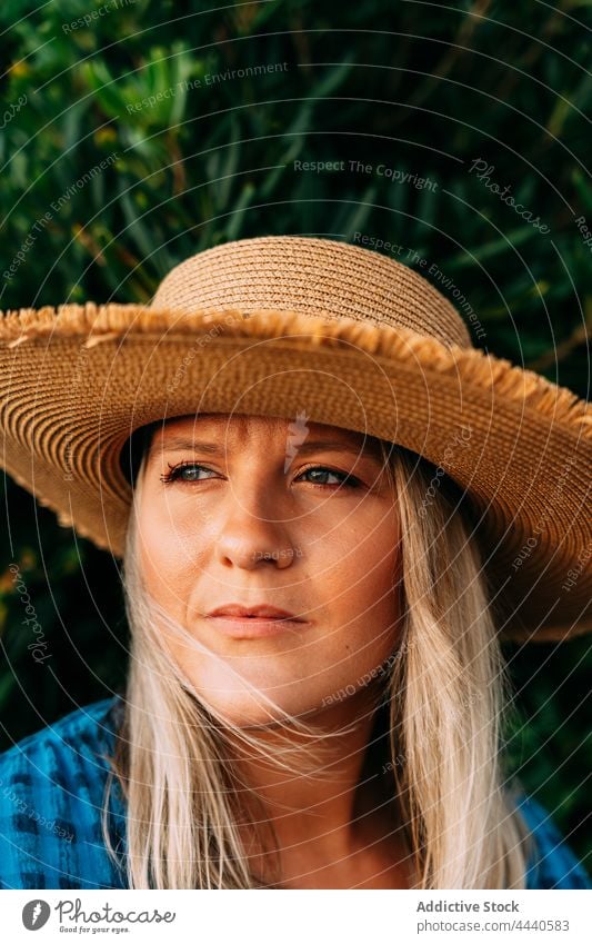 Dreamy traveler in straw hat against shrub wistful natural vacation reflective dreamy solitude woman portrait contemplative tourism garment trip