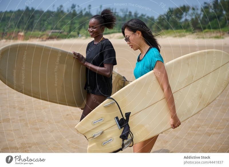 Diverse surfers with surfboards in sea sportswomen surfing longboard spend time ocean body blue sky girlfriend wetsuit coast cheerful friendship shore smile