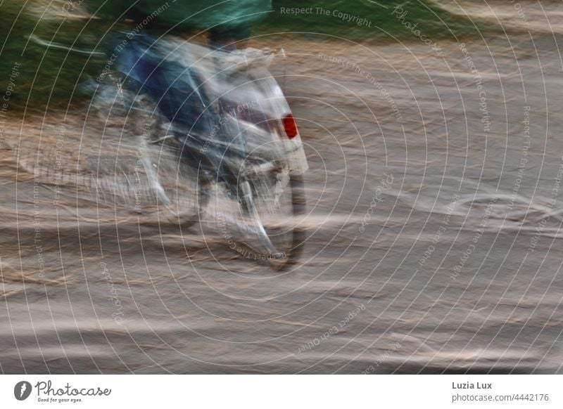 Speed, on the way as in a dream: a cyclist downhill to the left in an autumnal avenue Shandy cyclists hazy swift Autumnal In transit from behind Rear light Red