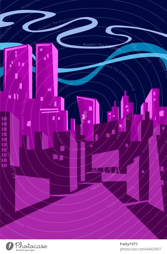 Flat design illustration - Skyline of a big city at night flat design Night City High-rise Street Abstract Building Architecture Tower urban slanting Drawing