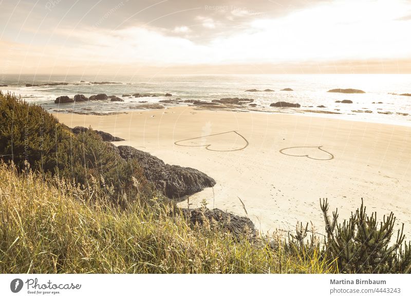 Two hearts in the sand on the Pacific Coast, Oregon seashore symbol two travel beach ocean valentine island day vacation romantic summer love honeymoon holiday