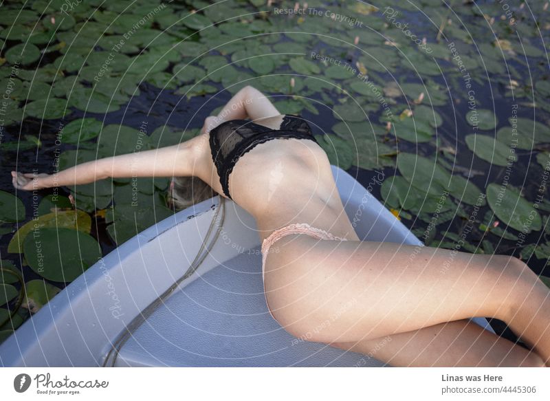 On a summer evening like this, a gorgeous lingerie model is relaxing on a boat. Surrounded by huge green leaves of water lilies, she is enjoying perfect weather. The atmosphere is cozy, sensual, and relaxed in this one.