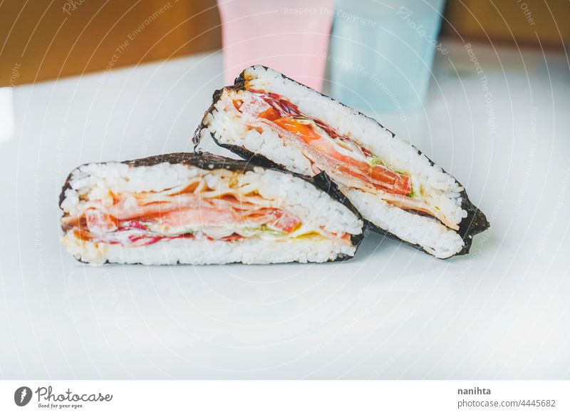 Rice sushi sandwich nori japan japanese fushion food rice rice sandwich seaweed glass health healthy different vegetables delicious fushion cuisine recipe