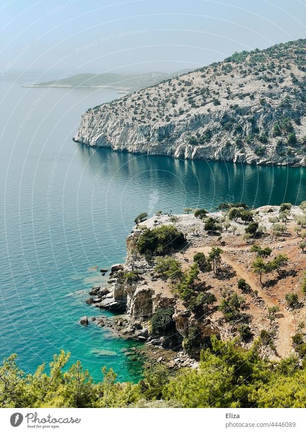 The coast of the Greek island Thasos with barren rocky landscape and turquoise sea Ocean Island Greece Turquoise Sparse Landscape Rock Rocky coastline Summer