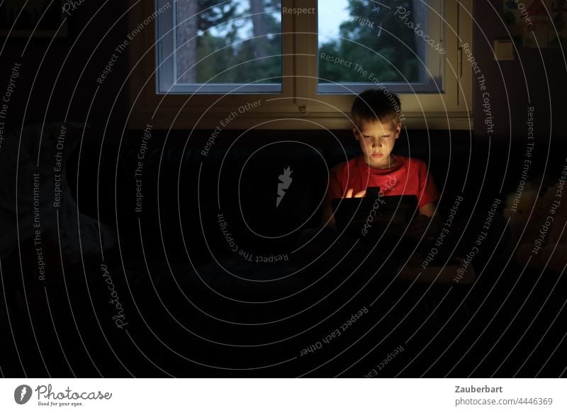 Little boy sits with tablet in dark room in front of window Boy (child) Small Playing Dark Red Child Tablet computer Infancy Digital Internet media competence