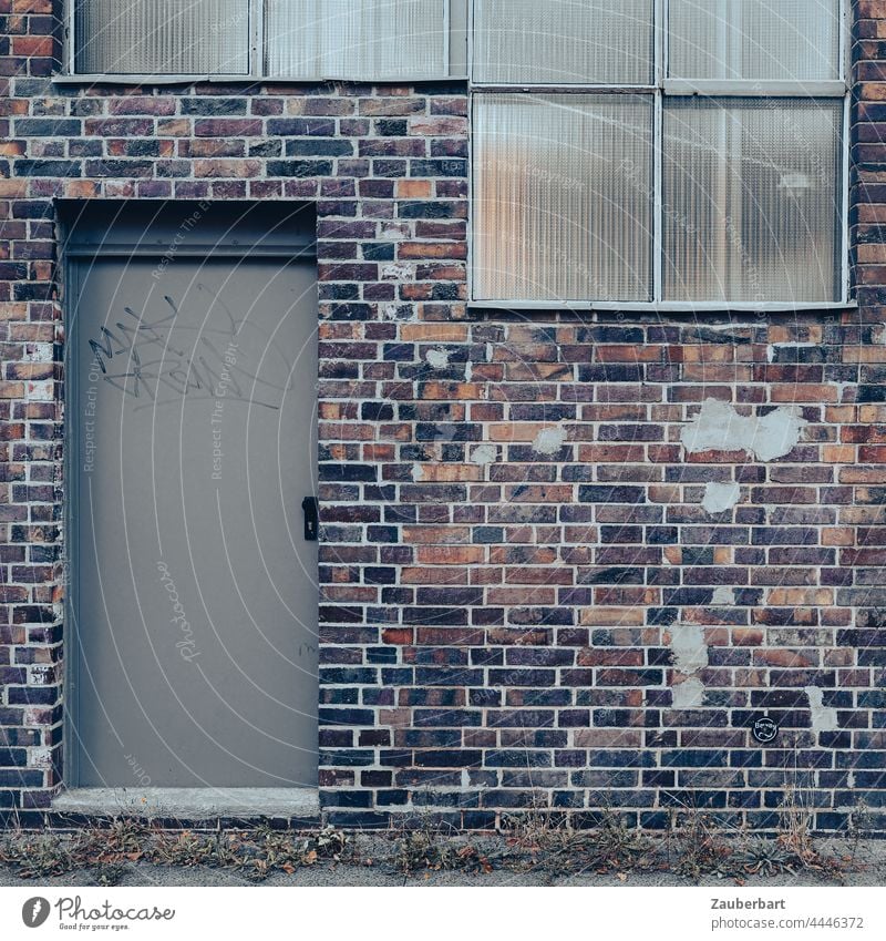 Brick wall reddish brown with grey door and windows Wall (building) brick wall steel door Gray Window Factory Industry Old Weathered Wall (barrier) Building