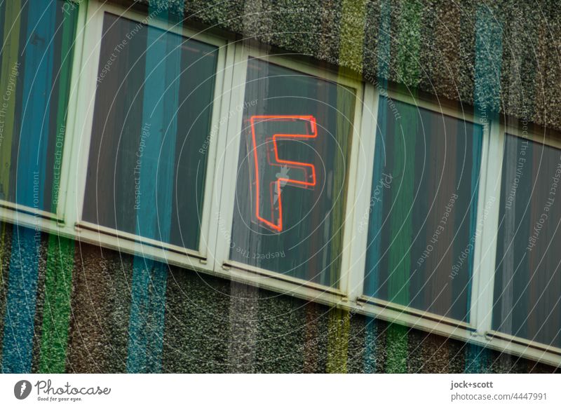 F on the window with colorful stripes Capital letter Facade Typography Signs and labeling Double exposure Window Stripe slanting Kreuzberg Berlin Street art