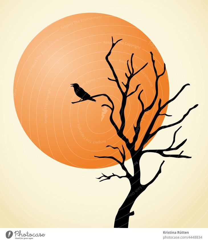 raven and blood moon Raven Bird Crow Jackdaw Tree Moon Silhouette Moody Mysterious Eerie Mystic Fabulous atmospheric Hallowe'en spooky illustration