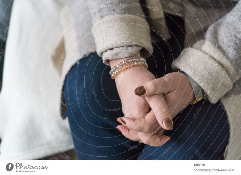 Woman holds her hands folded Together Holy Prayer person Wrist bag Bracelet watch Hand Nail polish Nail polish religion Hope pray concept Belief symbol White