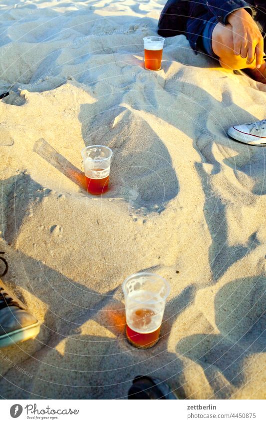 Beer on the beach Rostock Beach Warnemuende Party Beach party celebration Beer glass Mug Plastic cup Summer Sun Sand Sandy beach rest Break vacation holidays