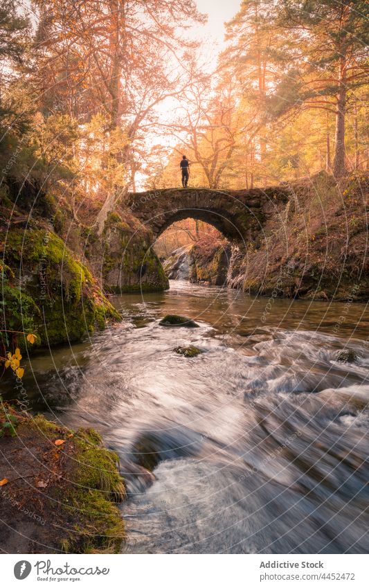 Man standing on bridge over river in autumn park in daytime man stone nature water rock season male sierra de guadarrama spain environment landscape tree calm