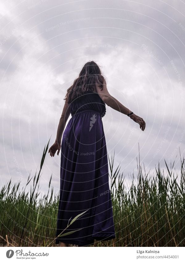 Woman from behind Young woman Feminine Adults Human being Day Full-length full body Body standing Looking Looking away Thin Dress Purple Elegant Long-haired